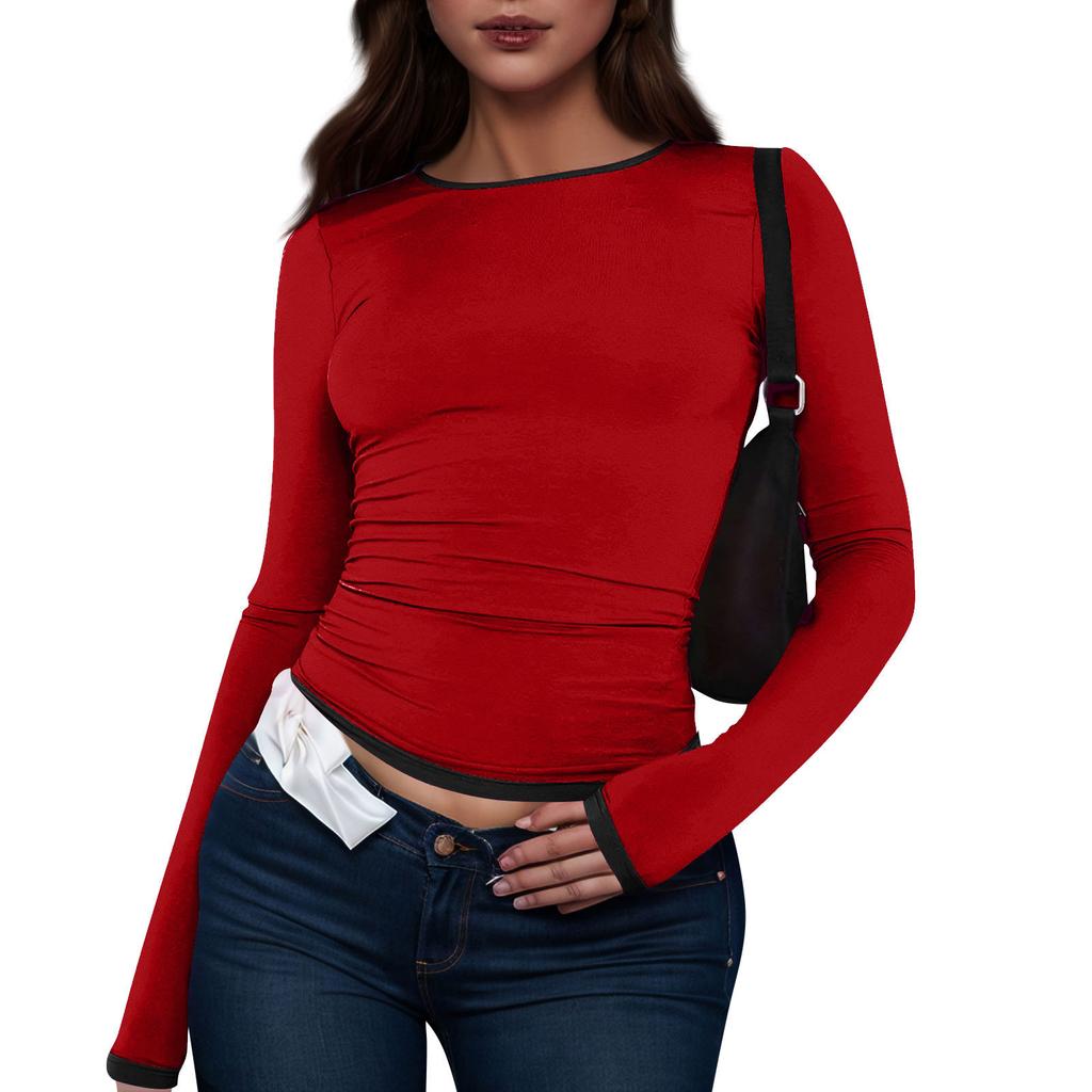 Women's Fashion Colour Blocking Round Neck Long Sleeve T-Shirt Top