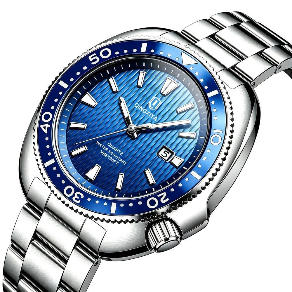 Business Mens Analog Watches Wateproof Diving Watch Luminous Dial Steel Band Daily Calendar Quartz Watch