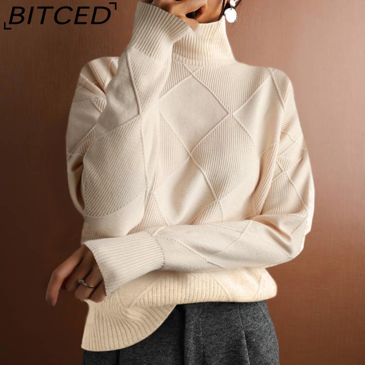 BITCED Oversized Crewneck Knit Sweater for Workwear Solid Color High Neck Diamond Pattern Fashion Sweater for Women