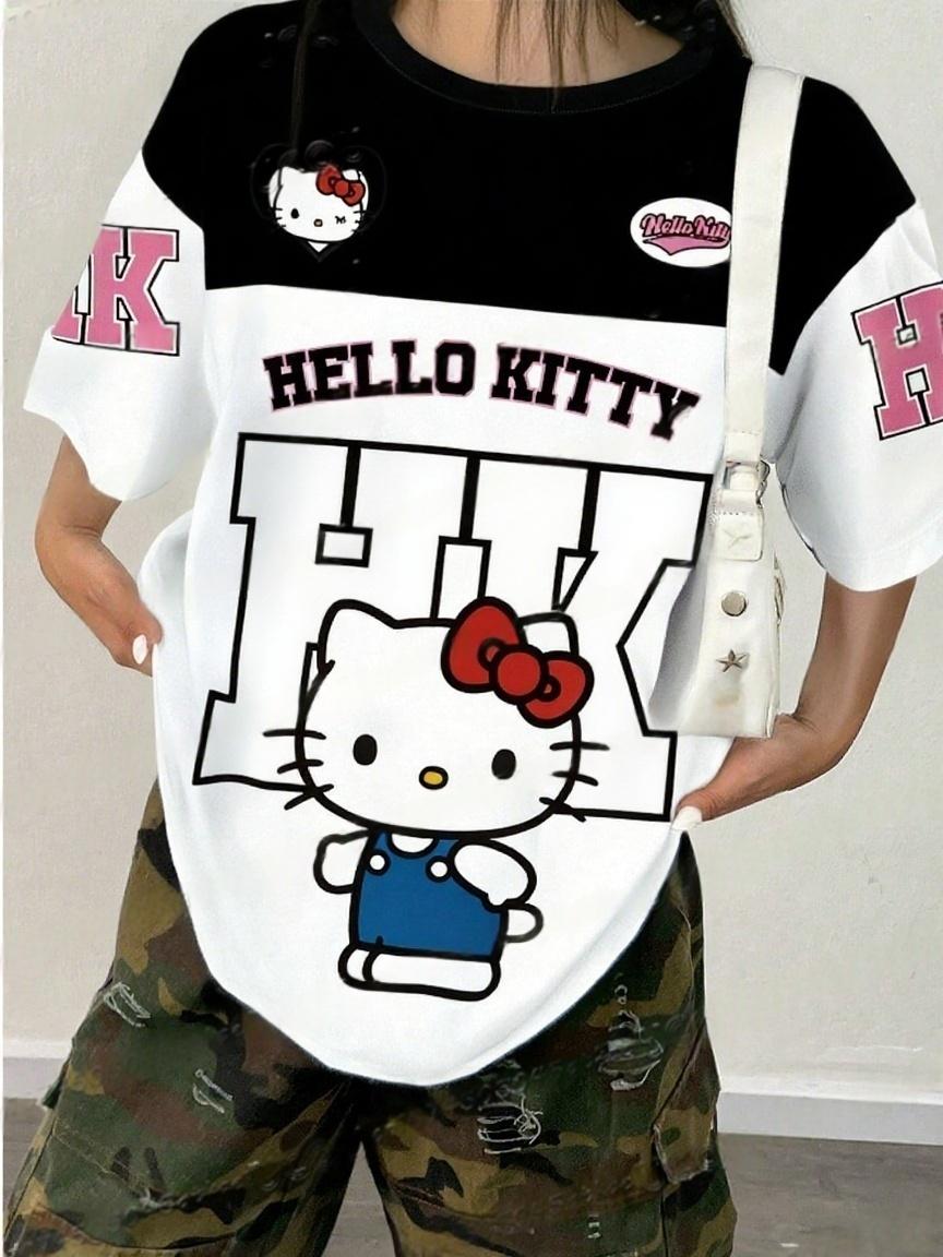 Cat-themed American-style sports uniform, sweet and cool, women s summer T-shirt, loose casual sports T-shirt. XXS