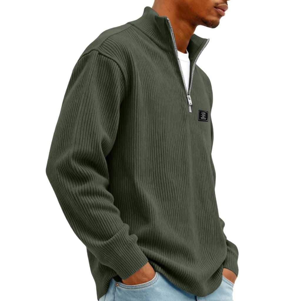 Men's Retro Corduroy Long Sleeve Shirt with Zip-Up Stand Collar Casual Top