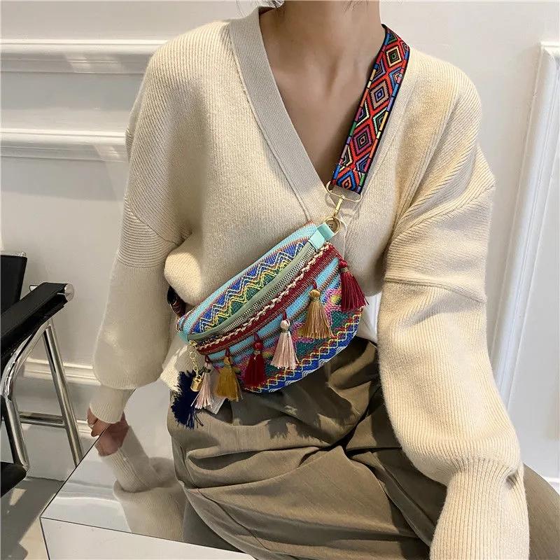 WTEMPO Ethnic Style Embroidered Tassel Waist Bags Casual Versatile Zipper Crossbody Single Shoulder Bags