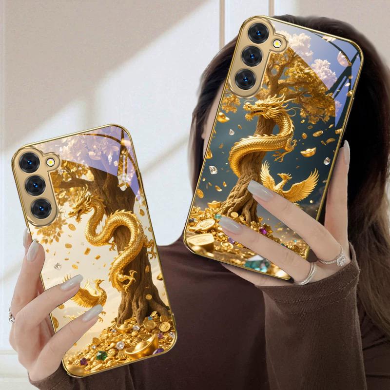 Lucky Dragon Diagram For Samsung Galaxy S20 FE S21 S22 Ultra 23 Plus 24 Ultra 25 Ultra S21+ S9+ 22Plus Golden Glass Phone Case