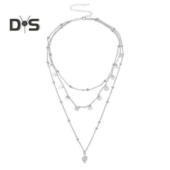 

Длинная цепочка, многослойное изящное ожерелье, модные шариковые бусины, подвеска в виде кактуса, ожерелье, ювелирные изделия для женщин и девочек серебряный