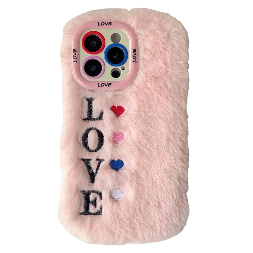KJS-002 For iPhone 15 Pro Max Case Lens Kickstand Embroidered LOVE Fluffy TPU Phone Cover