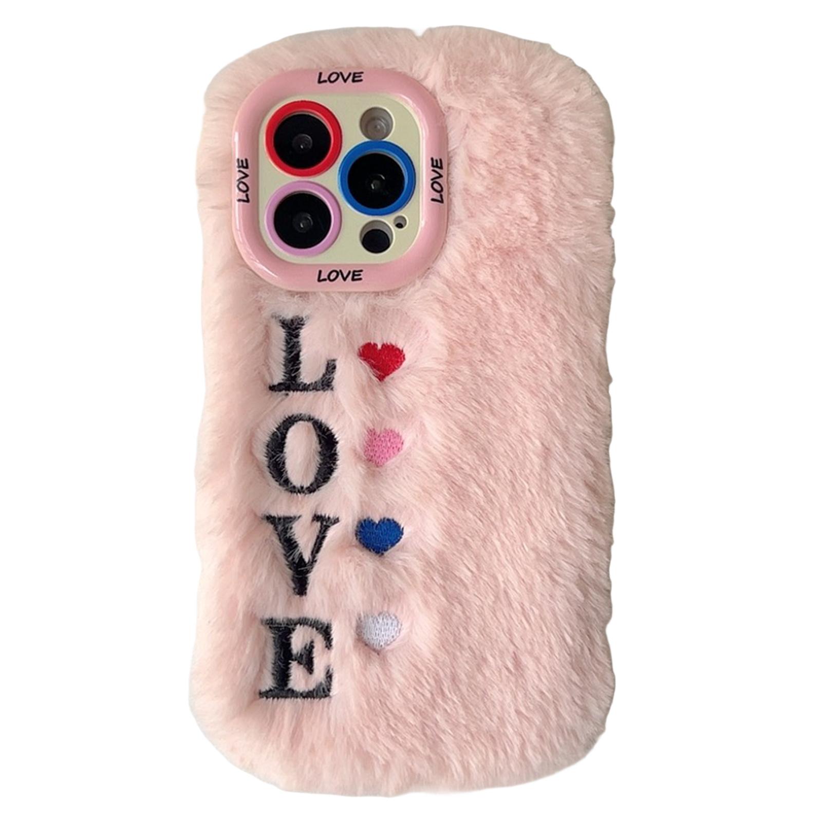 

KJS-002 Чехол для iPhone 15 Pro Max с объективом, подставкой, вышивкой LOVE, пушистый ТПУ чехол для телефона A
