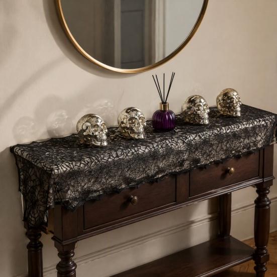 Black Lace Tablecloth Halloween Table Runner, Spider Web Runners, 17.7 x Retro Cocktail Party Decor 70.9Inch for Home Dinner Kitchen Mantel