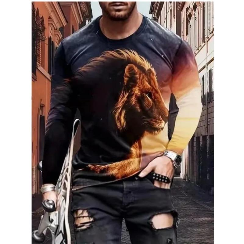 Autumn and Winter Men's Animal 3D Printed Crew Neck Long Sleeve T-Shirt