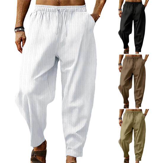 Pantaloni da uomo con coulisse, elastico in vita, gamba larga, a righe, cavallo profondo, tinta unita, larghi, morbidi, traspiranti, sportivi
