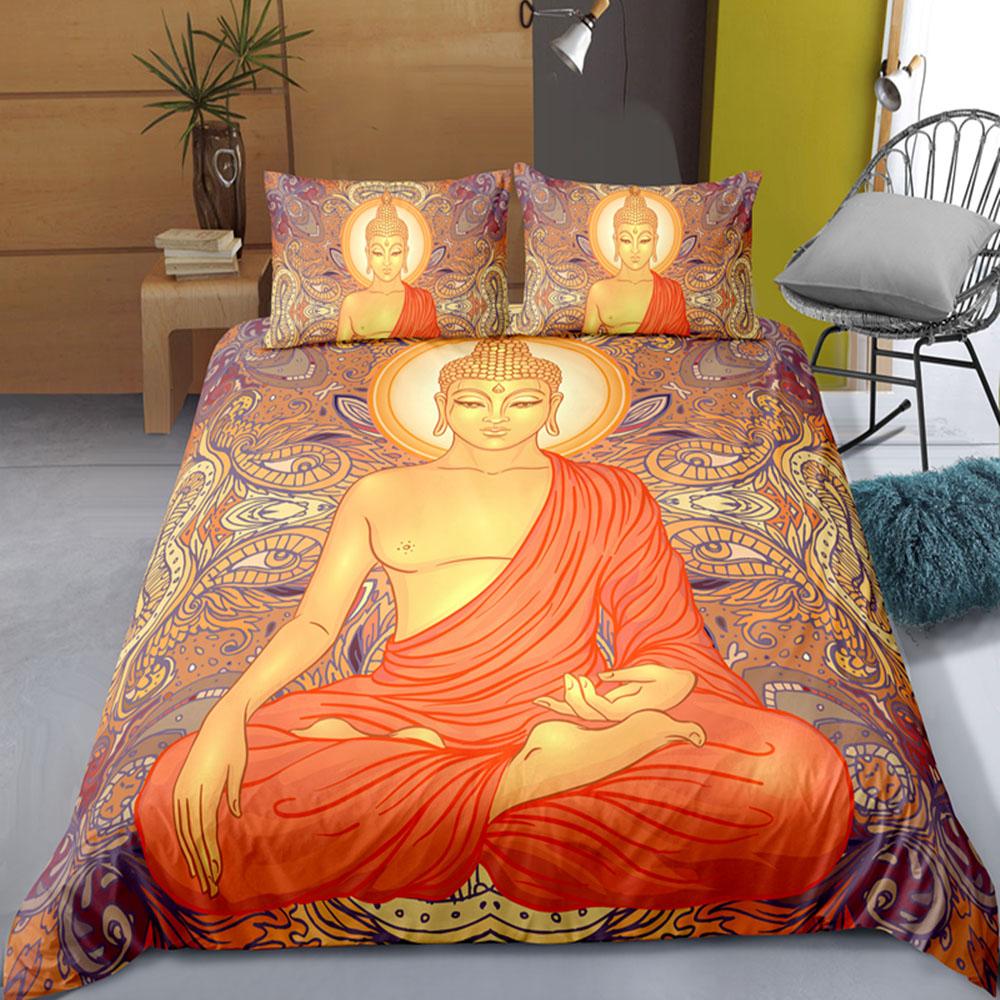 Mandala Buddha Duvet Cover Set King Size Exotic Ethnic Bohemian Bedding Set Golden Black Lotus Flowers Gorgeous Comforter Cover