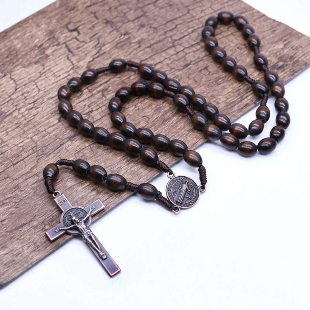 Wood Wood Beads Necklace Car Hanging Ornament Crucifix Pendant Chain Handmade Rosary Necklace  Men