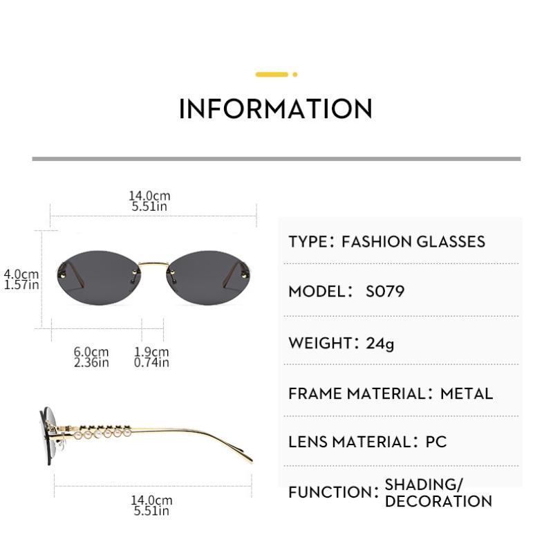 Ladies sunglasses, rimless oval sunglasses, pearl embellished sunglasses.