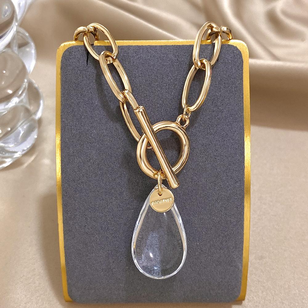 Flashbuy New Trendy Transparent Crystal Water Drop Pendant Necklace for Women Boho Gold Color Metal Chain Necklace Party Zircon