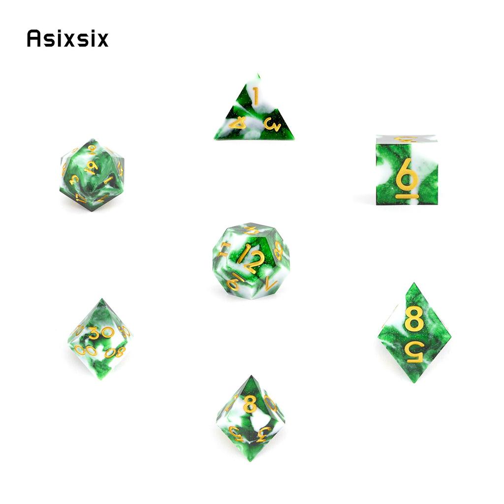 7 Pcs White Green Resin Golden Number Sharp Edge Dice Polyhedral Dice Suitable for Role-Playing RPG DND Pathfinder Board Game