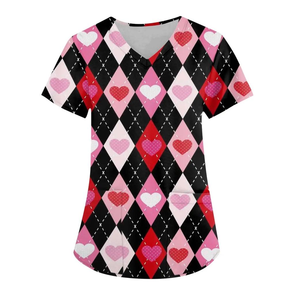 Women's Nursing Uniform with Romantic Heart Pattern Print Women's Short Sleeved Uniform Fashionable Casual and Comfortable