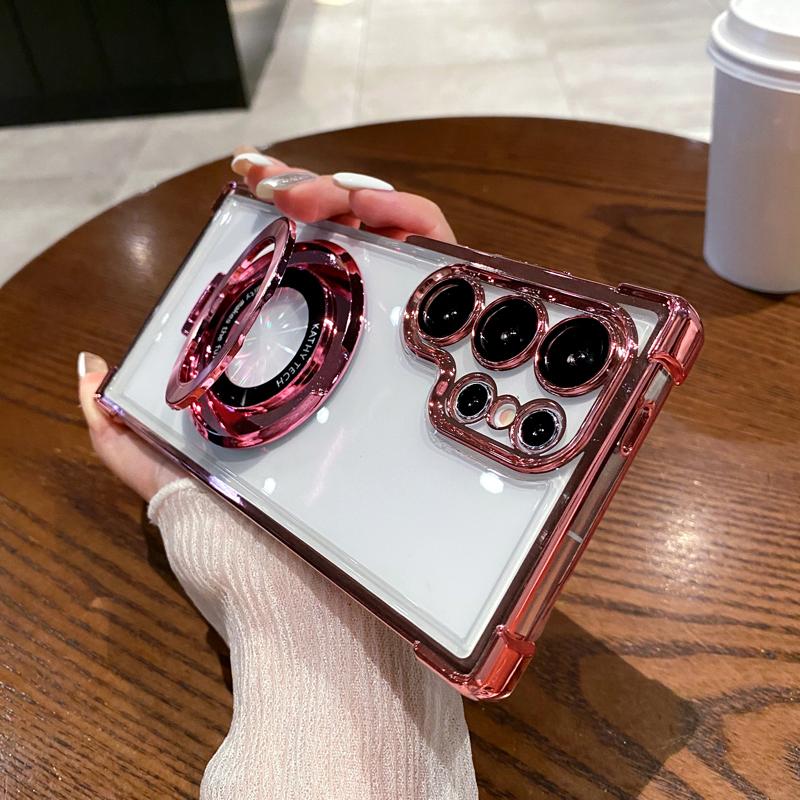 Four Corners Anti Drop Transparent Electroplated Magnetic Stand Protective Case For Samsung Galaxy S2 S24 S23 S22 Ultra Plus FE