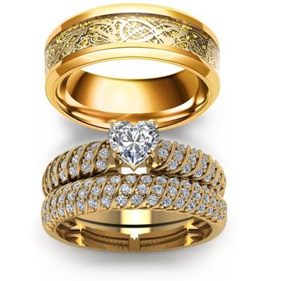 Paarringe – exquisites romantisches Damen-Herz-Zirkon-Ring-Set, schlichter Vintage-Herren-Drachen-Edelstahlring, Hochzeitsschmuck