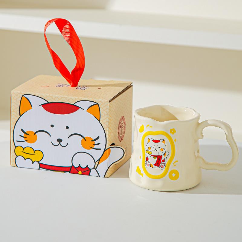 Cupa Ceramică Pisică Norocoasă Desen Animat Cupă Iregulară cu Aspect Înalt Cupă Creativă pentru Lapte/Mic Dejun Suvenir de Deschidere
