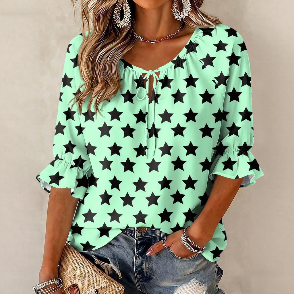 Women's Round Neck Three-Quarter Sleeve Blouse with Star Print and Ruffle Hem Tie