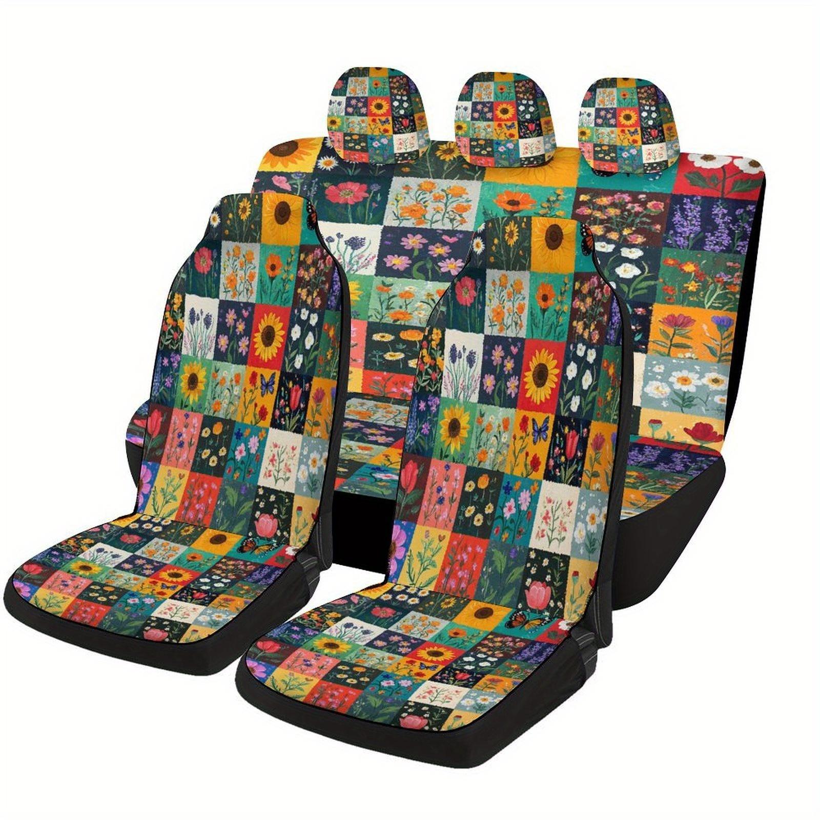 Blumen Patchwork Design Autositzbezug Set Für Die Meisten Autos, Dekorative Hochwertige Autositzschutz Abdeckungen Komplettes Set, Universa gray