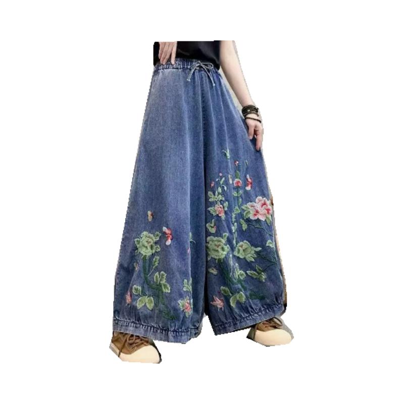 Damen Jeans Frühling Sommer Vintage Stickerei Gewaschen Gebleicht Locker Elastischer Bund Weiblicher Trend Denim Vollständig Länge Bloomers