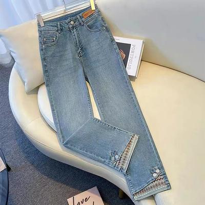 Pantalones rectos de nueve puntos para mujer con jeans elásticos bordados de costura de cintura alta adelgazantes