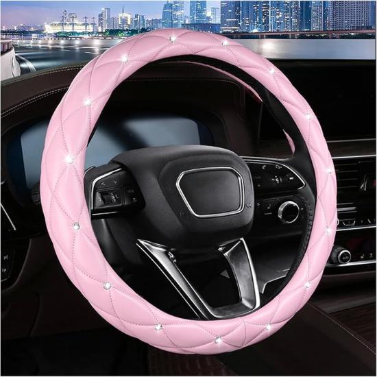 Cute Sparkly Black Car Steering Wheel Cover, Soft Breathable Anti-Slip PU Leather Steering Wheels Covers With Diamond Bling Rhinestone,Universal