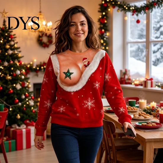 Long Sleeve Sweatshirt Christmas with Exposed Breast Print, Crewneck Pullover for Lightweight Women, Fake Low Cut Boob Pattern Top Xmas Party