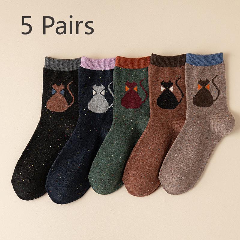 5 Pairs of Female Cute Cartoon Dot Yarn Cat Thick Warm Tube Socks