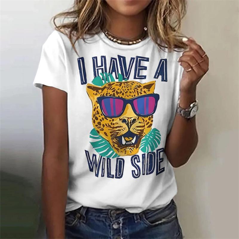 Summer Round Neck Funny Animal Colored Leopard Pattern 3D Print Top Fashionable Casual Short Sleeved Women's T-shirts