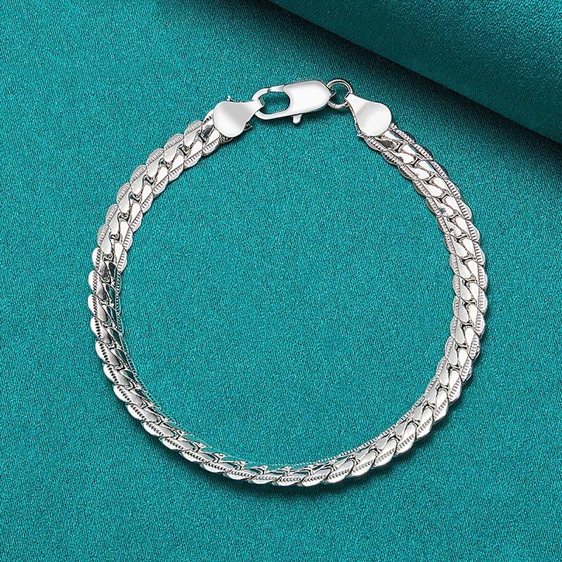 925 Silver Flat Link Chain Bracelet 6mm with Lobster Clasp for Women and Men
