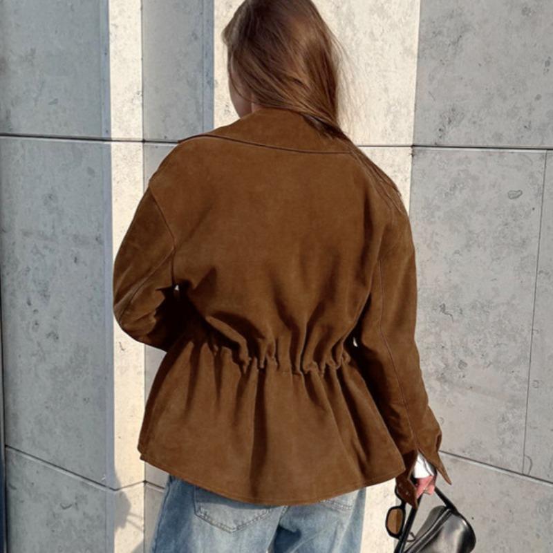 Retro Trend Fashion Street Shoot Waist Skinny Long Sleeve Lapel Suede Jacket Women's Commuter Versatile Jacket