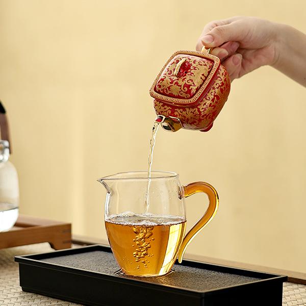 Hand-Painted Enamel Gilded Square Ceramic Teapot Set with Gift Box