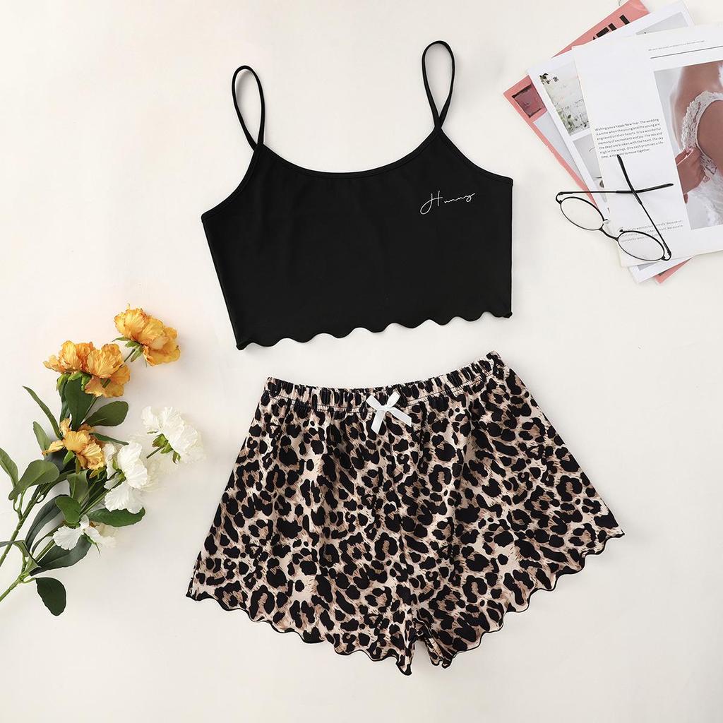 Set pigiama da donna, lingerie sexy, stampa leopardata, con scollo a V, top senza maniche e pantaloncini, set pigiama, abbigliamento per la casa