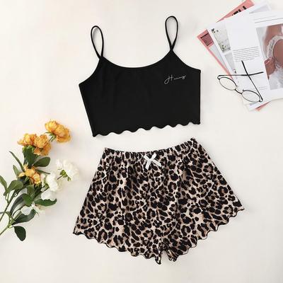 Women's Pajamas Set Sexy Lingerie Leopard Print Sling Sleepwear V-Neck Sleeveless Top and Shorts Sets Pyjamas Homewear