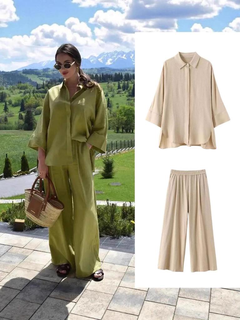 Damski zestaw lniany w stylu europejskim i amerykańskim: koszula z szerokimi rękawami i spodnie z prostymi nogawkami na gumce