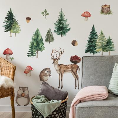 Adesivi Murali Animali del Bosco Fantasiosi con Cervo e Riccio a Cartoni Animati, Decorazione Murale Giocosa per Stanza dei Bambini, Camera da Letto e Corridoio