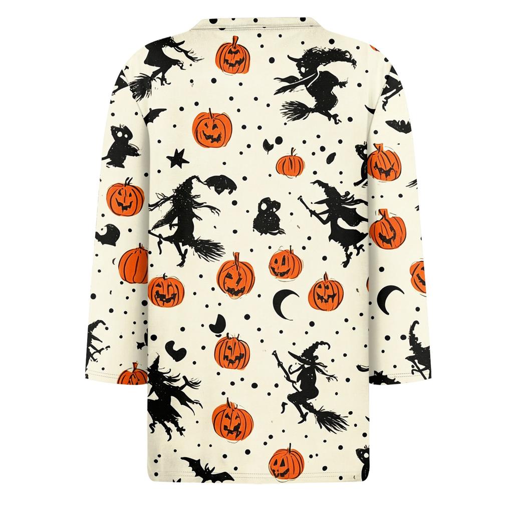 Women's 3/4 Sleeve Casual Shirt Loose Fit Round Neck Halloween Pumpkin Print T-Shirt Lightweight Comfortable Top for Everyday Wear