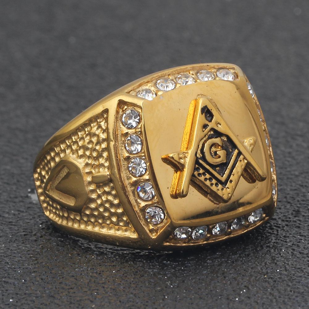 European and American Freemasonry Logo Enamel Geometric Rhinestone Inlaid Fashion Ring Size 11 золотой