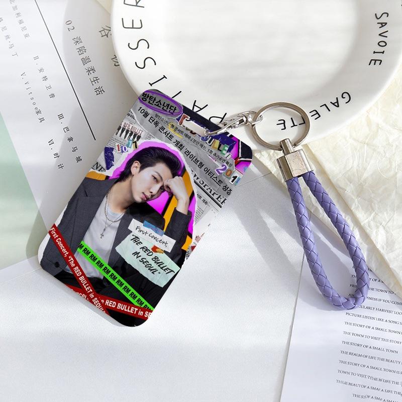BTS Sliding Photocard Holder, Protective ID Badge Card Case with Braided Keychain Strap, Student Campus Bus Meal Card Protector Merch for ARMY