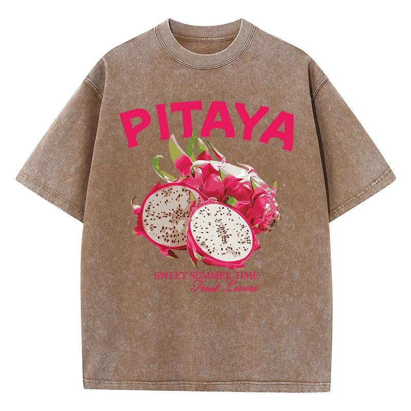Vintage Woman Washed T-Shirts Fresh Pitaya Printing Tees Crewneck Distressed Cotton Oversize Short Sleeve Fashion Clothes