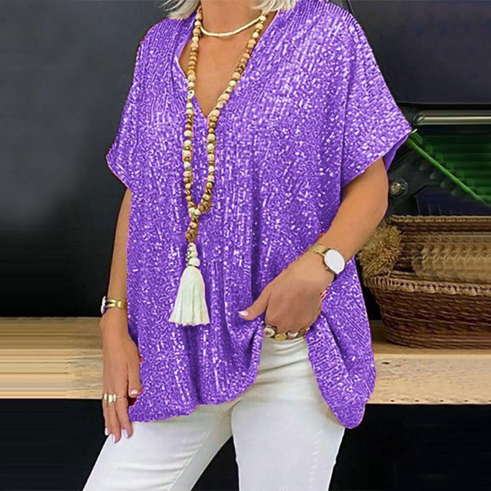 T-shirt Pullover Casual da Donna Estiva a Maniche Corte, Colore Unito, Vestibilità Larga, con Scollo a V e Paillettes