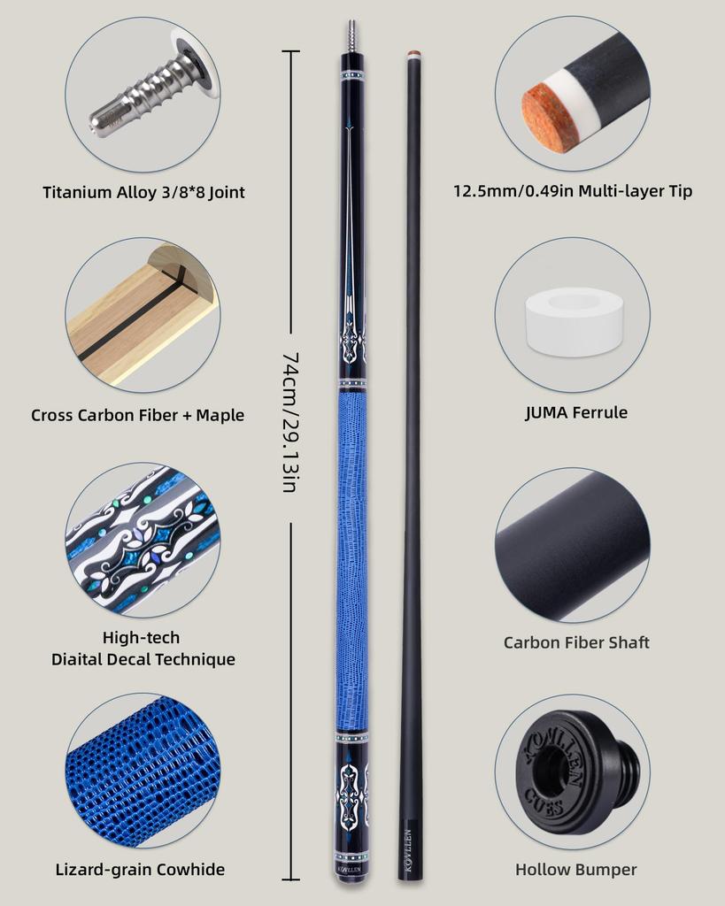 KONLLEN Carbon Fiber Pool Cue Low Deflection Pool Professional Adult Billiard Cue Set with Billiard Accessories Stick, Cue,