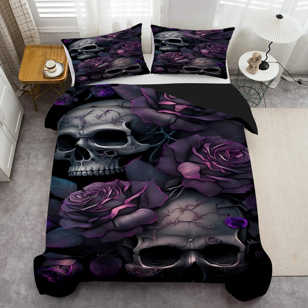 Purple Rose Skull 3D Print Duvet Cover Halloween Theme Bedding Set Soft Comfortable For Teens Adults Quilt Cover Pillowcase