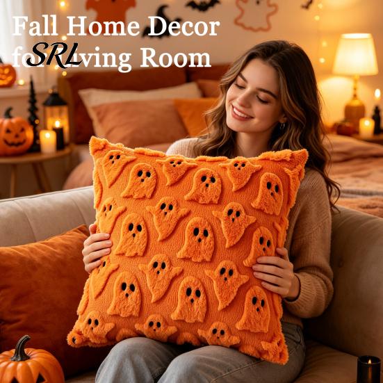 Soft Plush Couch Pillow Covers 2Pcs Halloween Ghost Cushion Covers, Throw 18x18 Decorative Inch Cases for Sofa Bed Chair Cozy
