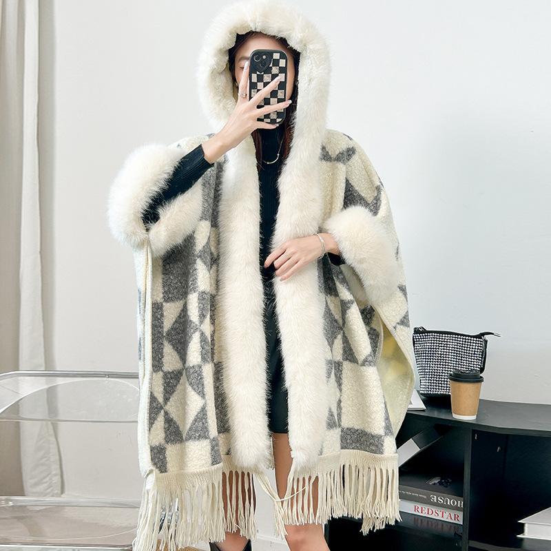 Cloak Shawl Wool Jacket Women'S Winter Hooded Medium Long Fleece Thickened Versatile Plaid Fringed Cloak Coat