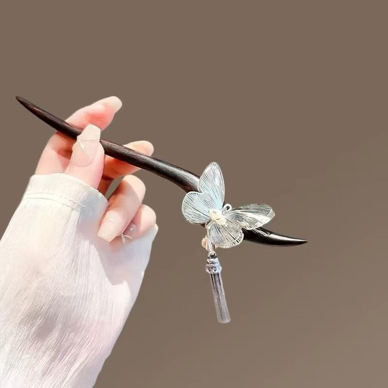 Elegant Silver Butterfly Tassel Hairpin - Modern Minimalist Design