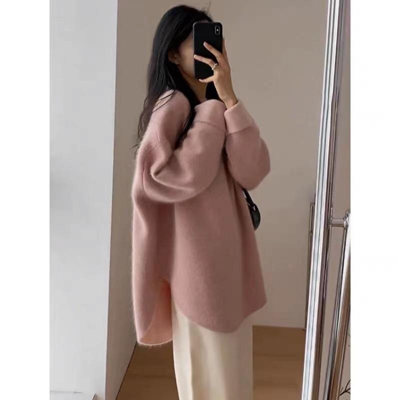 Autumn and Winter Pullover Women Medium and Long Sweater Fashion Loose Office Knitted Bottoming Shirt Solid Color O Neck Long Sleeve Casual Simple Top