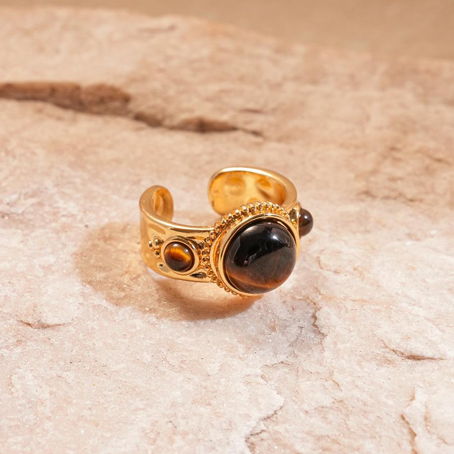 Tiger's eye pleated irregular round open ring personalized niche unique jewelry