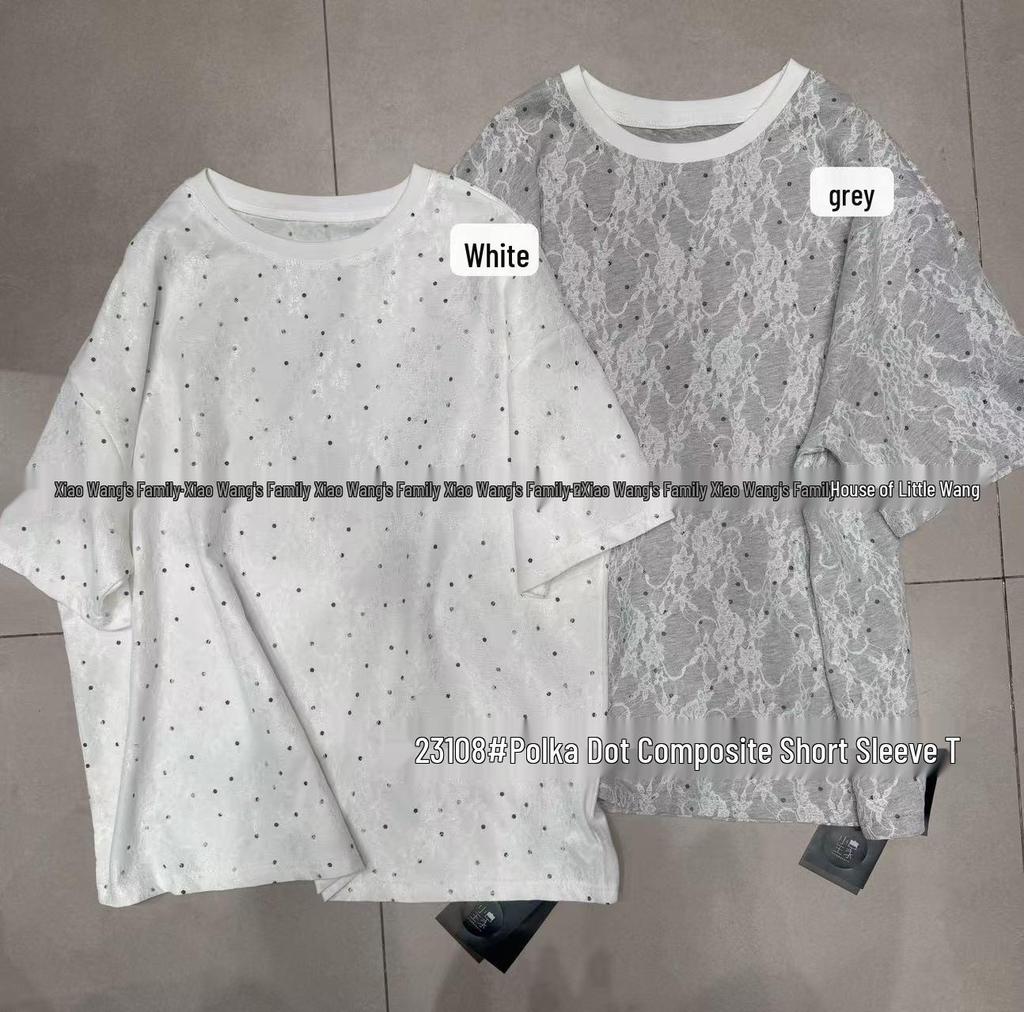 Xiao Wang's Summer Korean Style Plus Size Polka Dot Lace Short Sleeve T-shirt